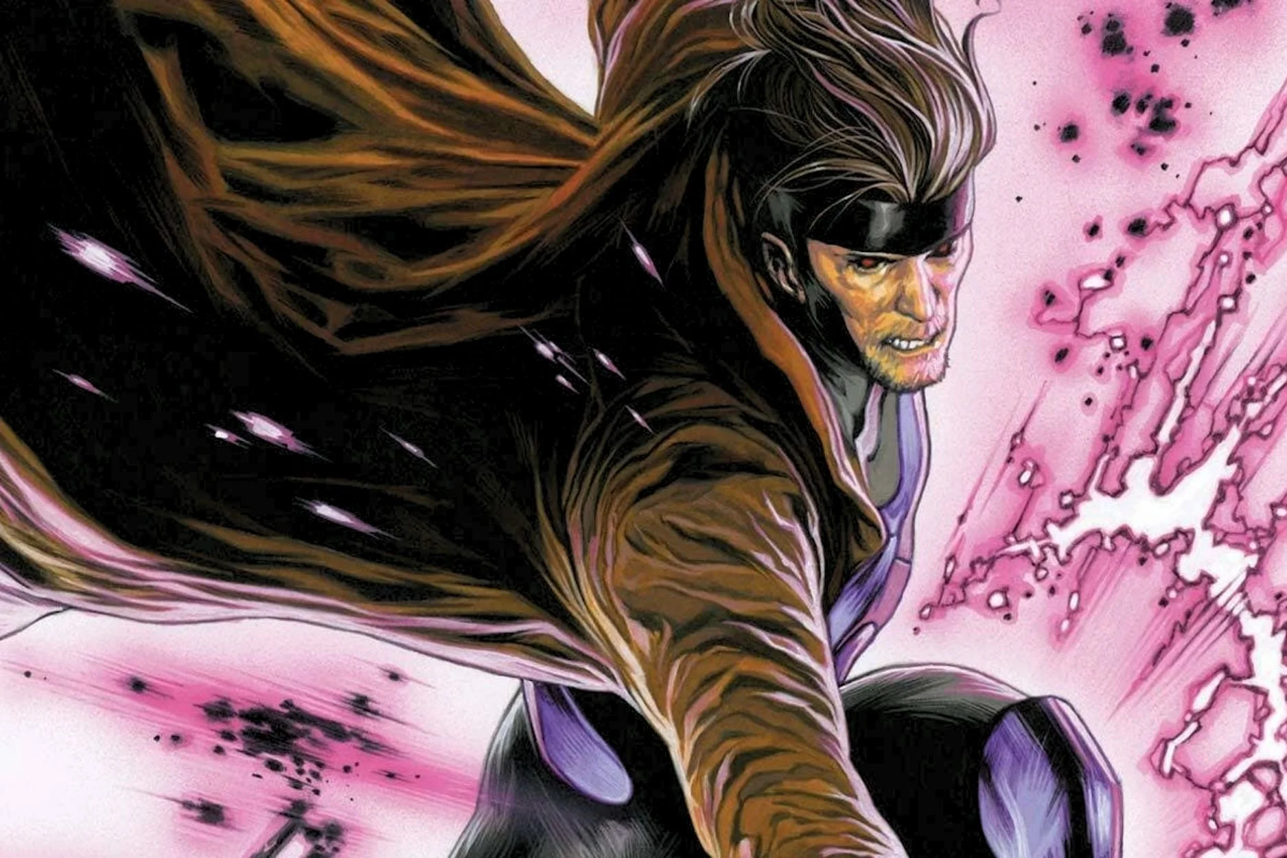 Gambit lunges forward in trench coat with swirling cape and pink energy burst background.